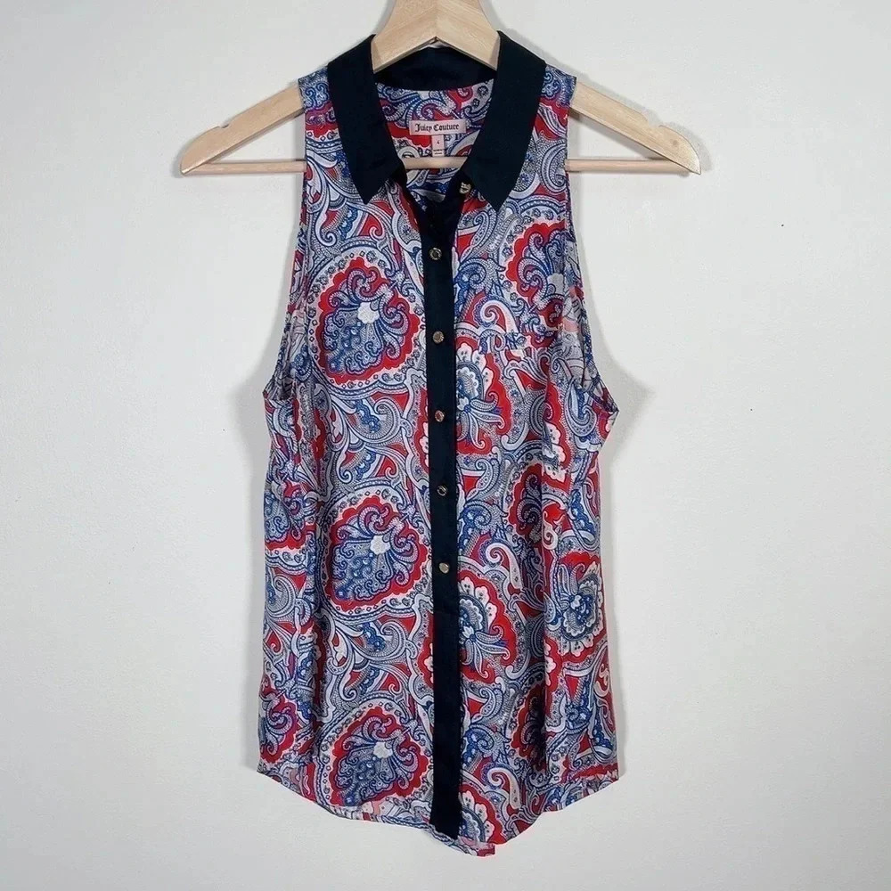 Juicy Couture Button Up  Sleeveless Silk Blouse